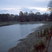 Vista di un canale d'acqua con vegetazione e passerella circostante