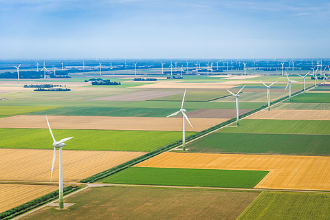Diverse turbine eoliche sono situate in campi
