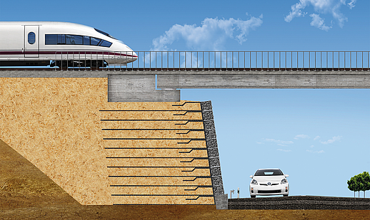 Spalla del ponte rinforzata con elementi in terra per il trasferimento del carico Spalla del ponte realizzata con elementi in terra rinforzata con possibilità di trasferimento del carico